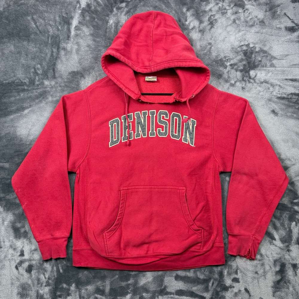 MV Sport Hoodie Mens Small Red Denison University Pro-Weave Applique Distressed